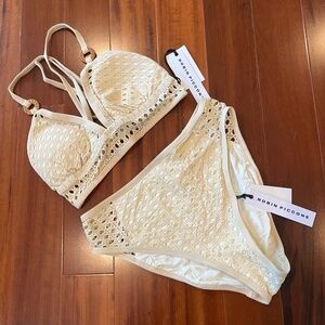 New NWT Robin Piccone‎ Ecru Beige Bikini Set Crochet Two Piece Swim Size Medium